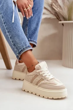 Ocieplane Sneakersy Damskie Na Platformie Z Kożuchem Beżowe Daivlene