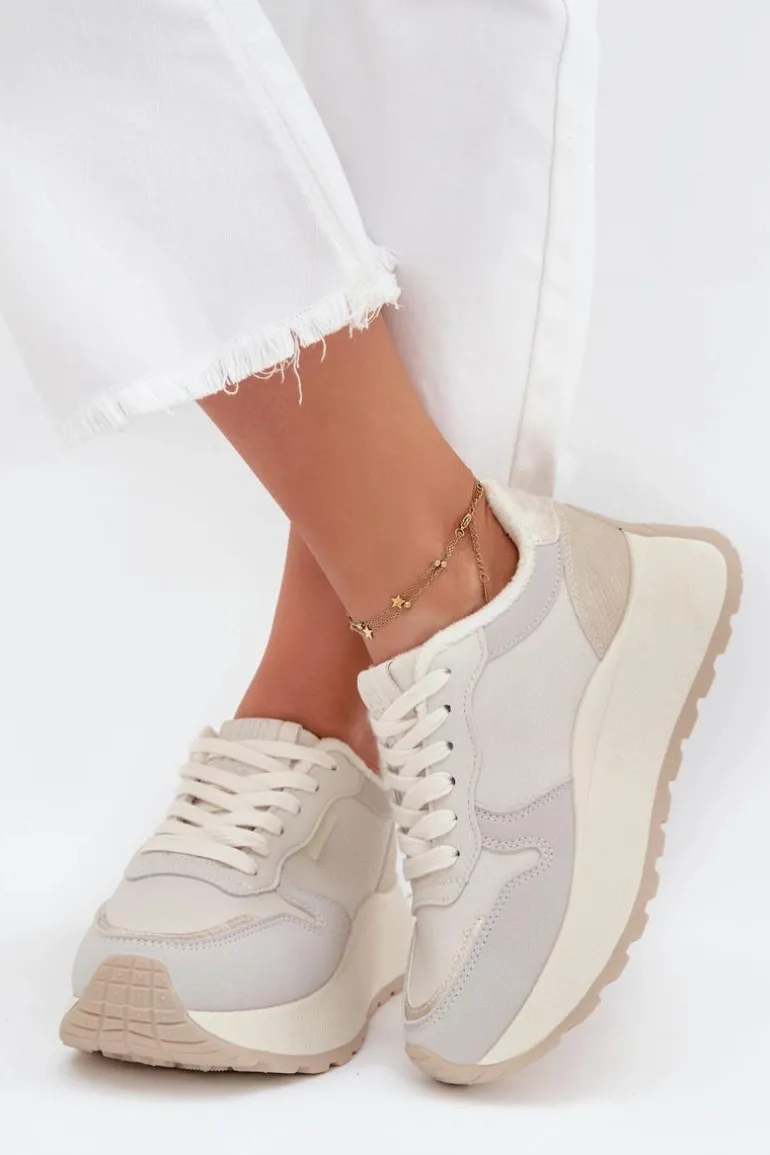 Ocieplane Sneakersy Damskie Na Platformie Big Star SS274008 HI-POLY SYSTEM Jasnobeżowe