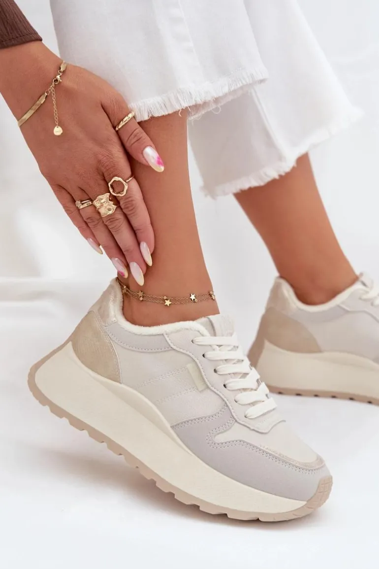 Ocieplane Sneakersy Damskie Na Platformie Big Star SS274008 HI-POLY SYSTEM Jasnobeżowe