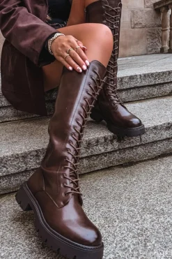 Ocieplane Sznurowane Kozaki Damskie Czekoladowe Meliora