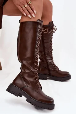 Ocieplane Sznurowane Kozaki Damskie Czekoladowe Meliora