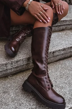 Ocieplane Sznurowane Kozaki Damskie Czekoladowe Meliora