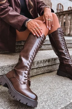 Ocieplane Sznurowane Kozaki Damskie Czekoladowe Meliora