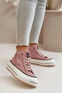 Ocieplane Trampki Damskie Na Platformie Eko Skórzane Big Star OO274068 Różowe