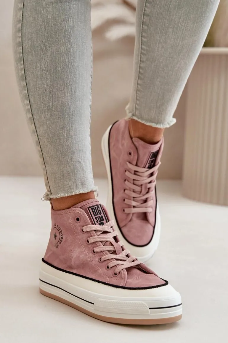 Ocieplane Trampki Damskie Na Platformie Eko Skórzane Big Star OO274068 Różowe