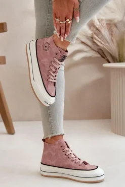 Ocieplane Trampki Damskie Na Platformie Eko Skórzane Big Star OO274068 Różowe