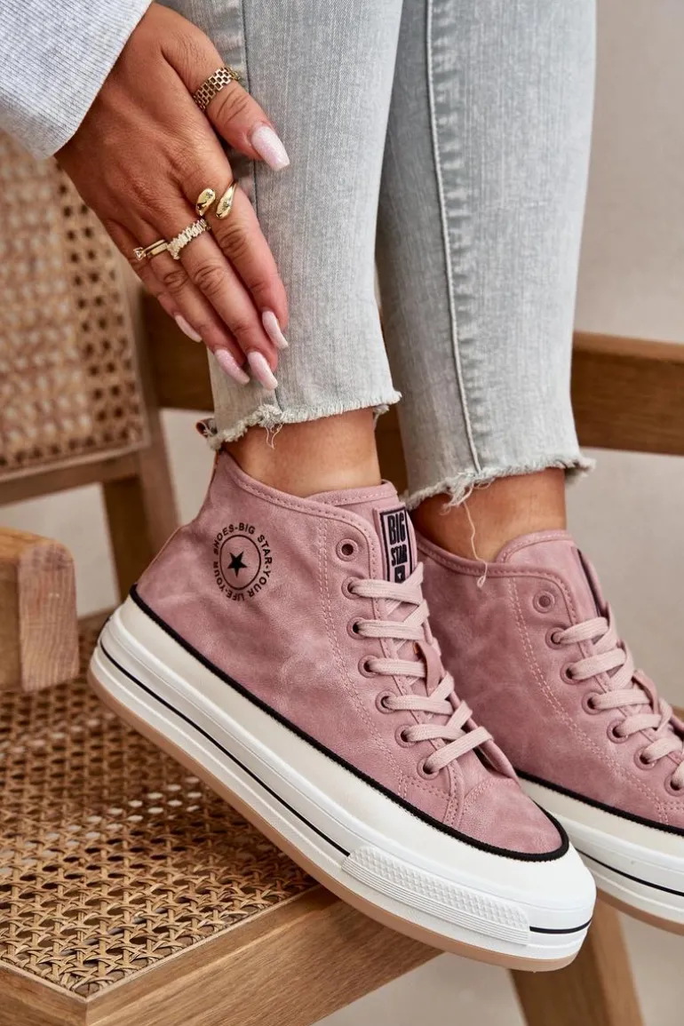 Ocieplane Trampki Damskie Na Platformie Eko Skórzane Big Star OO274068 Różowe