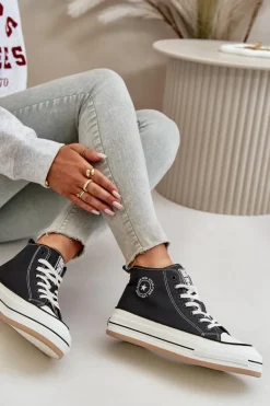 Ocieplane Trampki Damskie Na Platformie Eko Skórzane Big Star OO274062 Czarne