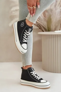 Ocieplane Trampki Damskie Na Platformie Eko Skórzane Big Star OO274062 Czarne