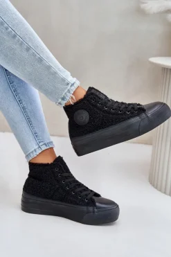 Ocieplane Trampki Damskie Z Futerkiem Typu Baranek Big Star OO274A443 Czarne