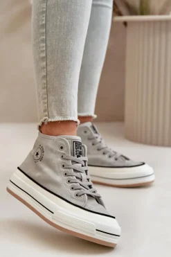 Ocieplane Trampki Damskie Na Platformie Eko Skórzane Big Star OO274070 Szare