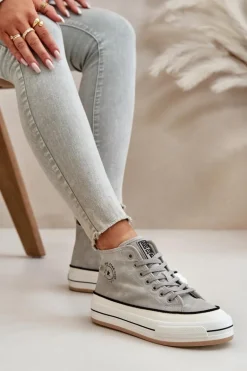 Ocieplane Trampki Damskie Na Platformie Eko Skórzane Big Star OO274070 Szare