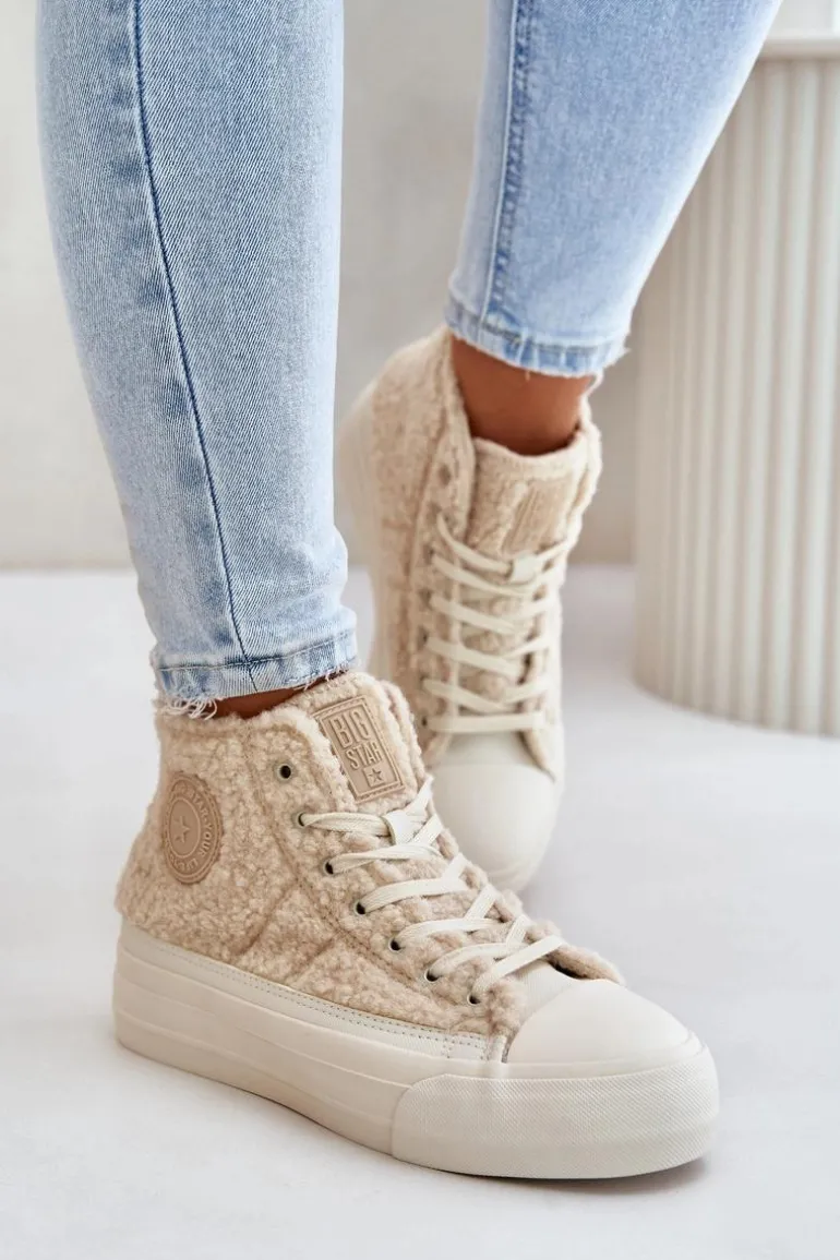 Ocieplane Trampki Damskie Z Futerkiem Typu Baranek Big Star OO274A444 Beżowe