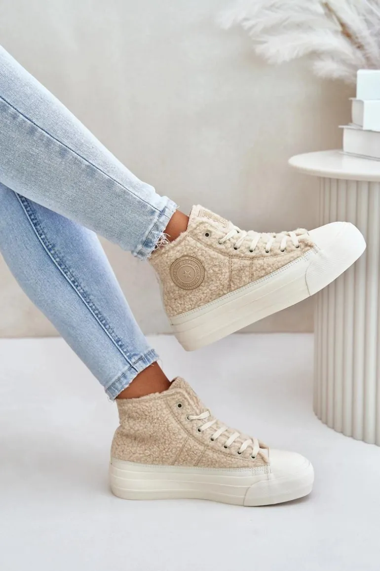 Ocieplane Trampki Damskie Z Futerkiem Typu Baranek Big Star OO274A444 Beżowe
