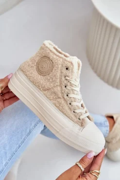 Ocieplane Trampki Damskie Z Futerkiem Typu Baranek Big Star OO274A444 Beżowe