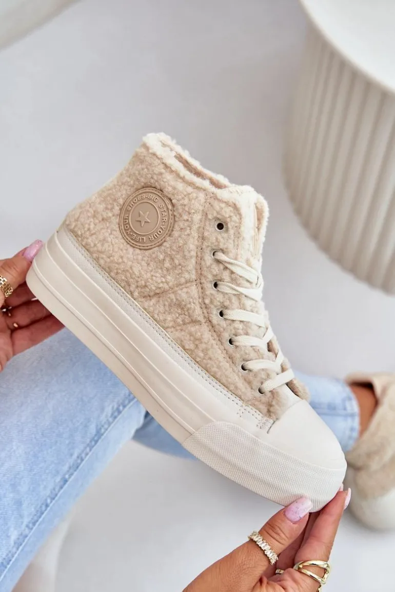 Ocieplane Trampki Damskie Z Futerkiem Typu Baranek Big Star OO274A444 Beżowe
