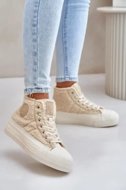 Ocieplane Trampki Damskie Z Futerkiem Typu Baranek Big Star OO274A444 Beżowe