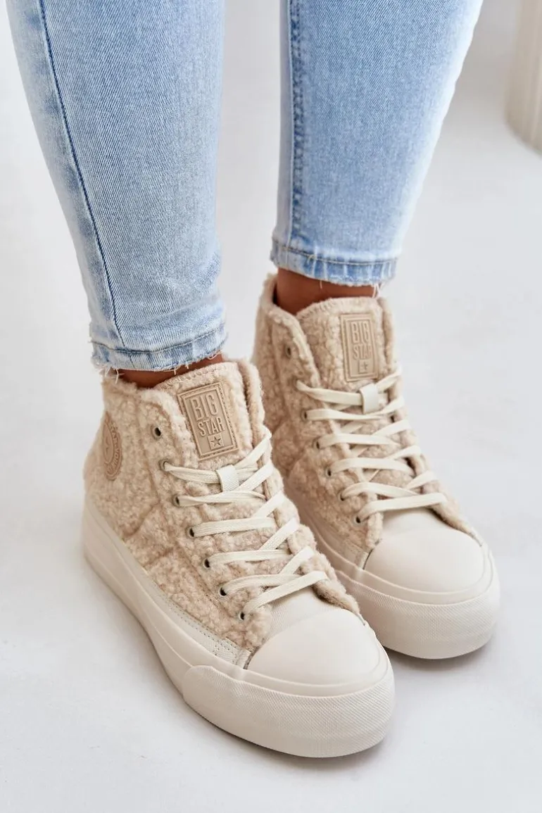 Ocieplane Trampki Damskie Z Futerkiem Typu Baranek Big Star OO274A444 Beżowe