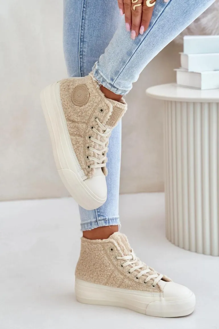 Ocieplane Trampki Damskie Z Futerkiem Typu Baranek Big Star OO274A444 Beżowe