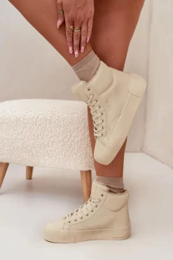 Ocieplane Trampki Damskie Na Platformie Big Star OO274795 Beżowe