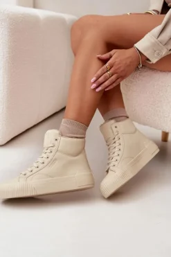 Ocieplane Trampki Damskie Na Platformie Big Star OO274795 Beżowe
