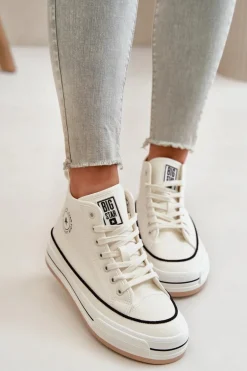 Ocieplane Trampki Damskie Na Platformie Eko Skórzane Big Star OO274061 Białe