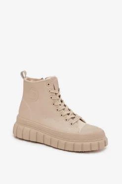 Ocieplane Trampki Damskie Na Platformie Z Eko Skóry Big Star SS274535 Beżowe