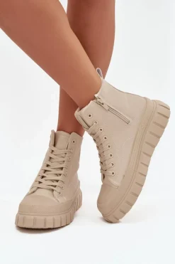 Ocieplane Trampki Damskie Na Platformie Z Eko Skóry Big Star SS274535 Beżowe