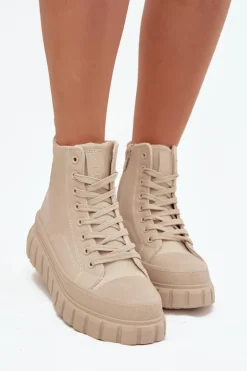 Ocieplane Trampki Damskie Na Platformie Z Eko Skóry Big Star SS274535 Beżowe