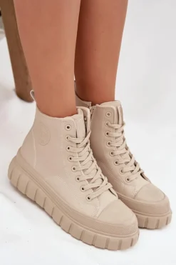 Ocieplane Trampki Damskie Na Platformie Z Eko Skóry Big Star SS274535 Beżowe