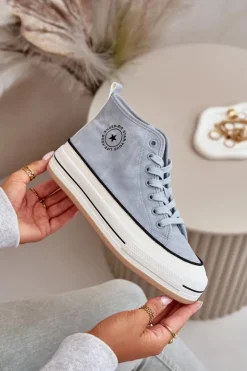 Ocieplane Trampki Damskie Na Platformie Eko Skórzane Big Star OO274069 Niebieskie