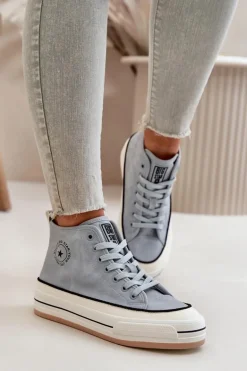 Ocieplane Trampki Damskie Na Platformie Eko Skórzane Big Star OO274069 Niebieskie