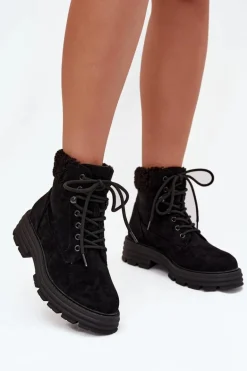 Ocieplane Trapery Botki Damskie Sznurowane Czarne Lyrinne