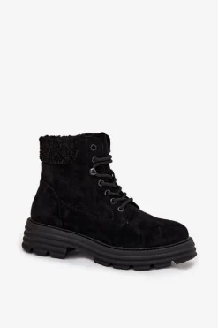 Ocieplane Trapery Botki Damskie Sznurowane Czarne Lyrinne
