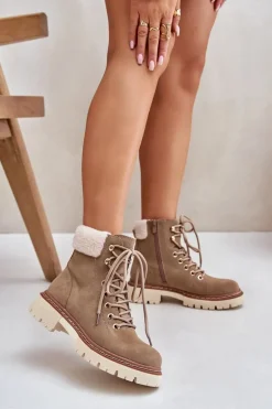 Ocieplane Trapery Botki Damskie Na Zamek Khaki Ferelia