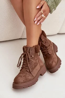 Ocieplane Trapery Botki Damskie Sznurowane Brązowe Lyrinne