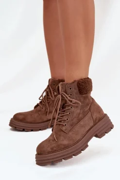 Ocieplane Trapery Botki Damskie Sznurowane Brązowe Lyrinne