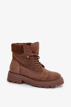 Ocieplane Trapery Botki Damskie Sznurowane Brązowe Lyrinne