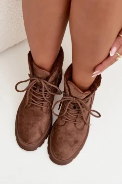 Ocieplane Trapery Botki Damskie Sznurowane Brązowe Lyrinne
