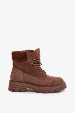 Ocieplane Trapery Botki Damskie Sznurowane Brązowe Lyrinne