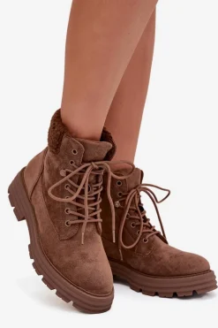 Ocieplane Trapery Botki Damskie Sznurowane Brązowe Lyrinne