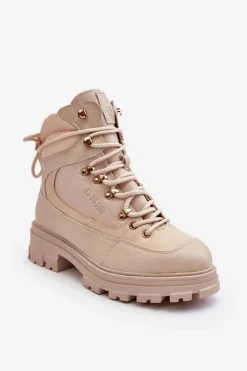 Ocieplane Trapery Botki Sznurowane Damskie Jasnobeżowe Big Star MM274664