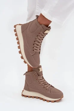 Ocieplane Trapery Damskie Na Platformie Ciemnobeżowe Marivira