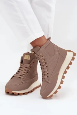 Ocieplane Trapery Damskie Na Platformie Ciemnobeżowe Marivira