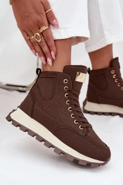 Ocieplane Trapery Damskie Na Platformie Brązowe Marivira