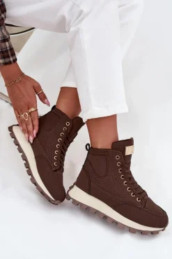 Ocieplane Trapery Damskie Na Platformie Brązowe Marivira