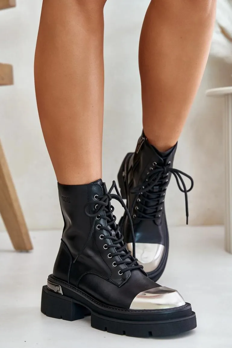 Ocieplane Workery Botki Damskie Ze Skóry Naturalnej Goe OO2N4119 Czarne