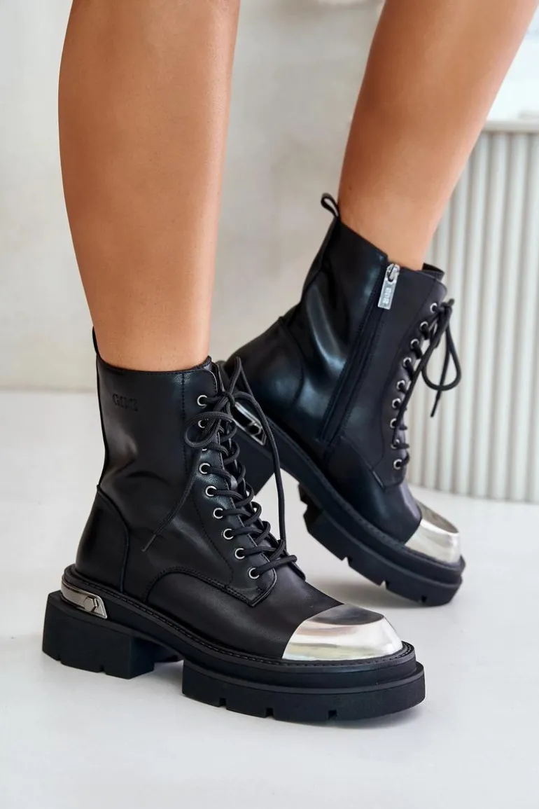 Ocieplane Workery Botki Damskie Ze Skóry Naturalnej Goe OO2N4119 Czarne