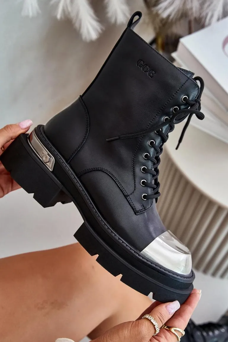 Ocieplane Workery Botki Damskie Ze Skóry Naturalnej Goe OO2N4119 Czarne