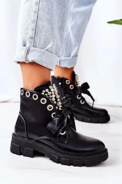 Ocieplane Workery Z Metalowymi Perełkami Czarne Perla